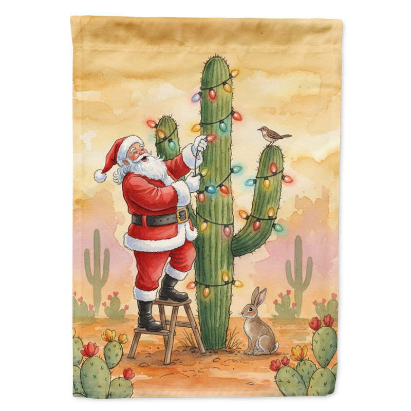 Père Noël décorant un drapeau de jardin de cactus, Taille du jardin, Père Noël décorant un cactus