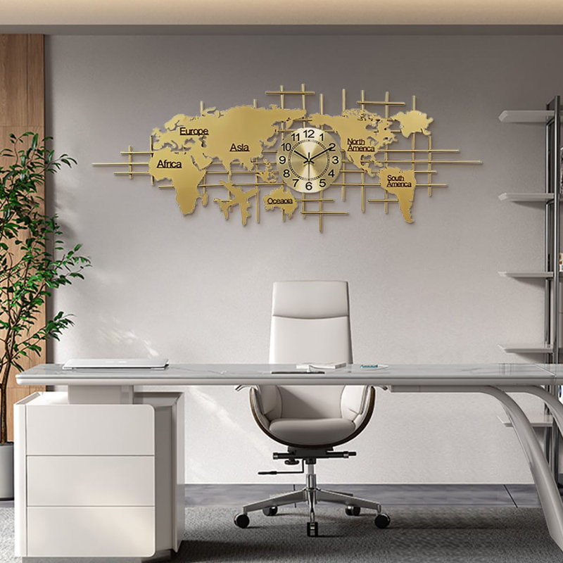 59" X 23" Luxury Oversized World Map Wall Clock Golden Metal Home Decor