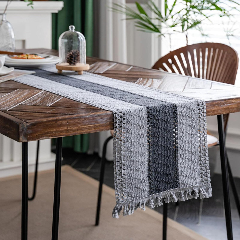 Symona Runner No Pattern Linen Blend Table Runner, Gray/Dark Gray, 12" W x 108" L