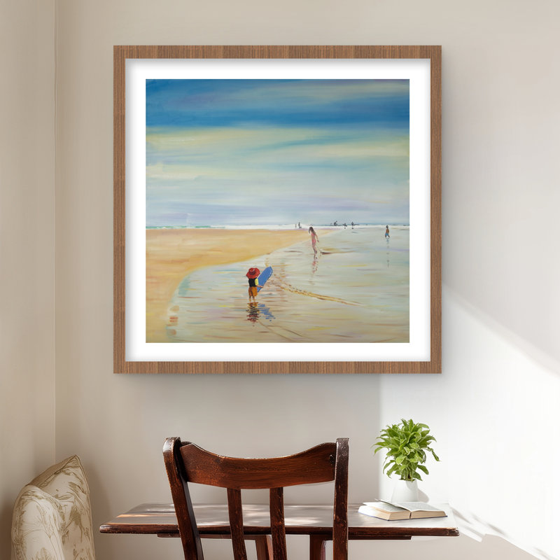 Children at the Beach - Reproduction d'art encadrée bleue pour la décoration intérieure, H 24 po x l 24 po
