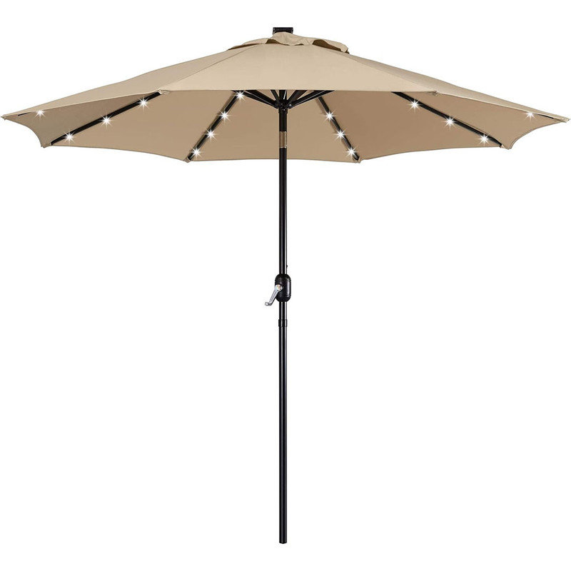 9FT Solar Powered Patio Umbrella with 32 LED Lights & Push Button Tilt & Crank Lift System for Garden/Lawn/Deck,Tan