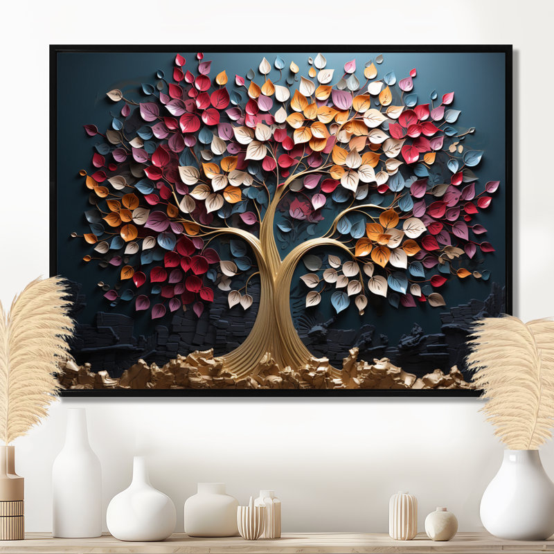 Arbre doré rose et bleu sur fond bleu - Art mural arbre, H 12 po x l 20 po x P 1 po, Cadre flottant en érable