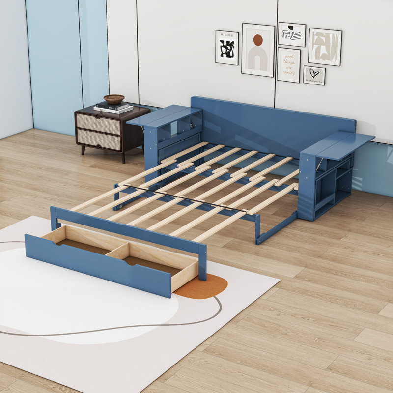 Multifunctional Wood Convertible Daybed with Built-in Desk, Storage Drawer, Blue, Full/Double