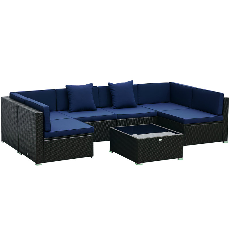 Merton 7-Piece Patio Furniture Set, Outdoor Wicker Conversation Set, All Weather PE Rattan Sectional Sofa Set with Cushions and Faux Wood Table, Stripe Pillows
