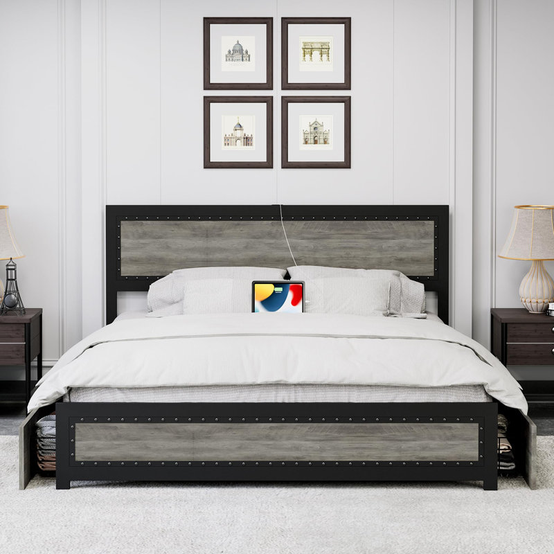 Bed Frame with 4 Storage Drawers and Charge Station,Platform Bed Frame with Headboard,Strong Metal Slats Support, No Box Spring Needed for Bedroom