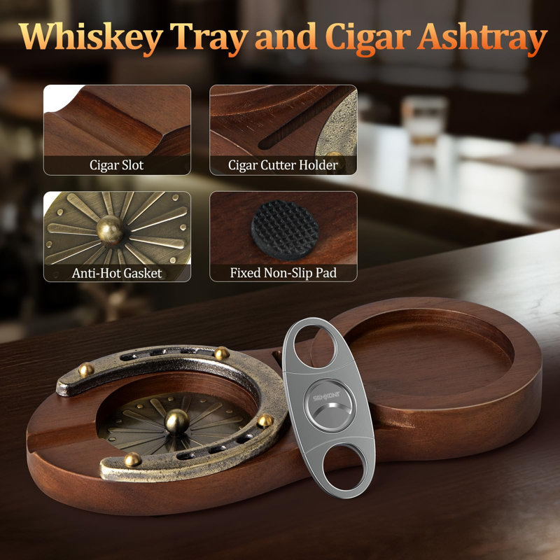 Cigar Ashtray, Horseshoe Wooden Whiskey Glass Tray with Cutter, Zinc Alloy Anti-scald Gasket, Cigar Slot and Holder,Brown