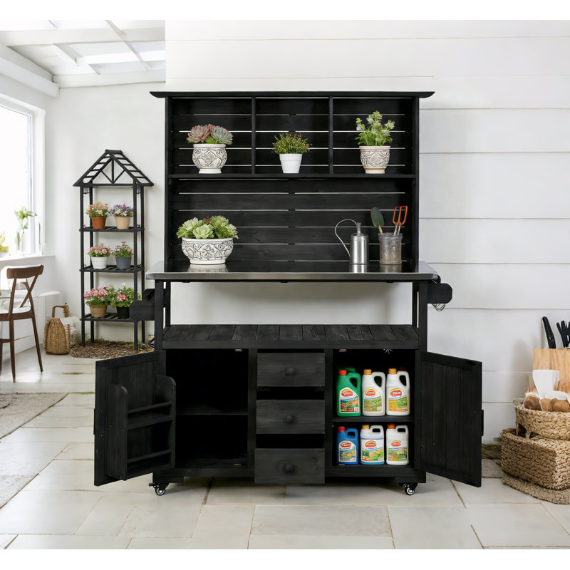 Banc de rempotage mobile en bois noir avec plateau en acier inoxydable pour le jardin, Noir