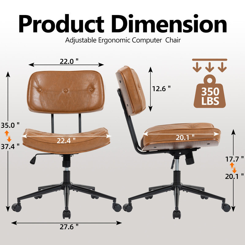 Faux Leather Modern Walnut Office Chair, Armless Computer Desk Chair, Brown