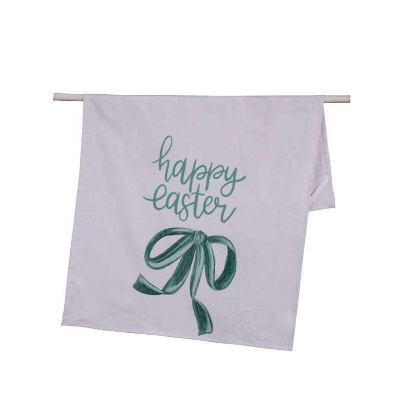 Fabric Tea Towel Happy Easter Bow, Kitchen Dishtowel, White, Cotton, Hanging, Kitchen, Easter, Textile