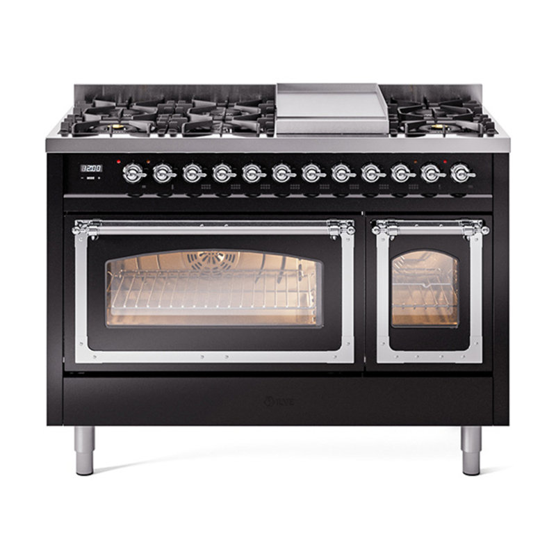ILVE Nostalgie II Series Noblesse 48 inch Dual Fuel Range with 8 Sealed Burners, Griddle (Glass Door), Liquid Propane, Chrome