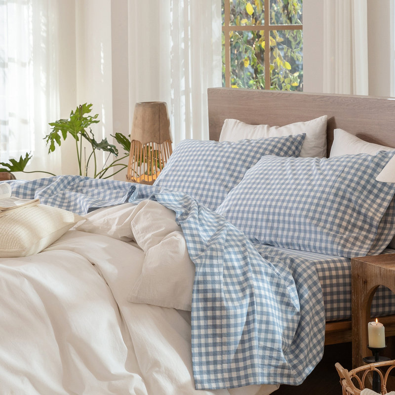 Ensemble de draps 100% coton lavé MooMee, Ensemble de draps pour très grand lit avec 2 taie, Bleu bleuet