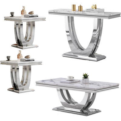 4 Pieces Coffee Table Set, White Faux Marble Coffee Table with 2 Square End Side Tables & 1 Console Table, Modern Living Room Table Set with Double U-Shape Stainless Steel Frame for Apartment Home Office