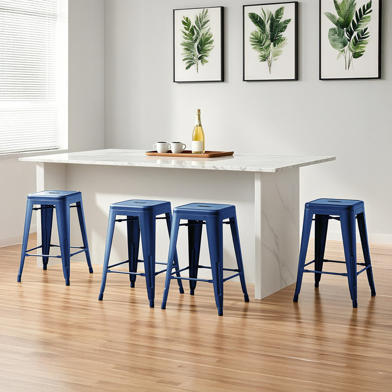 Stackable Backless Metal Bar Stools, Indoor/Outdoor Kitchen Counter Stools, Industrial Home Dining Chairs, Blue