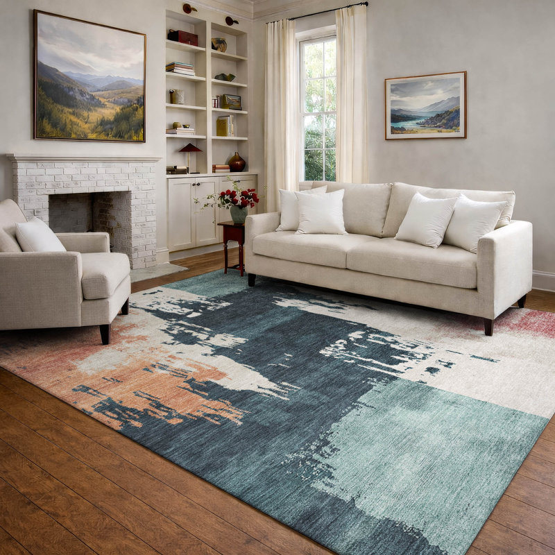 Premium Machine Washable Mayfield AMF2347 Abstract Rug, Teal, 9' x 12'