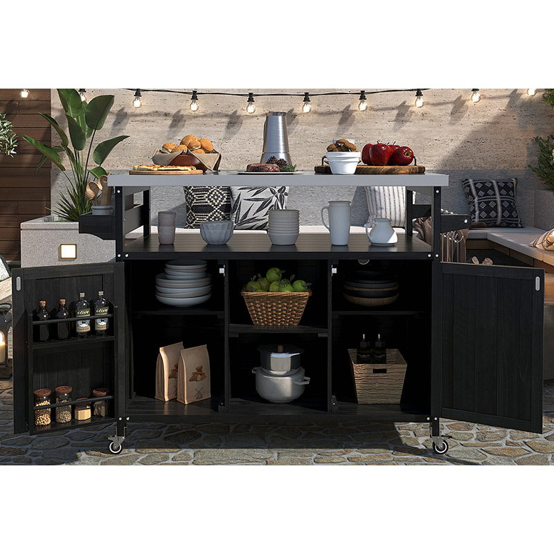 Îlot de cuisine extérieur, chariot à roulettes et armoire de rangement, table de barbecue d'extérieur en bois massif avec plateau en acier inoxydable, support à épices, porte-serviettes pour la cuisine et le barbecue