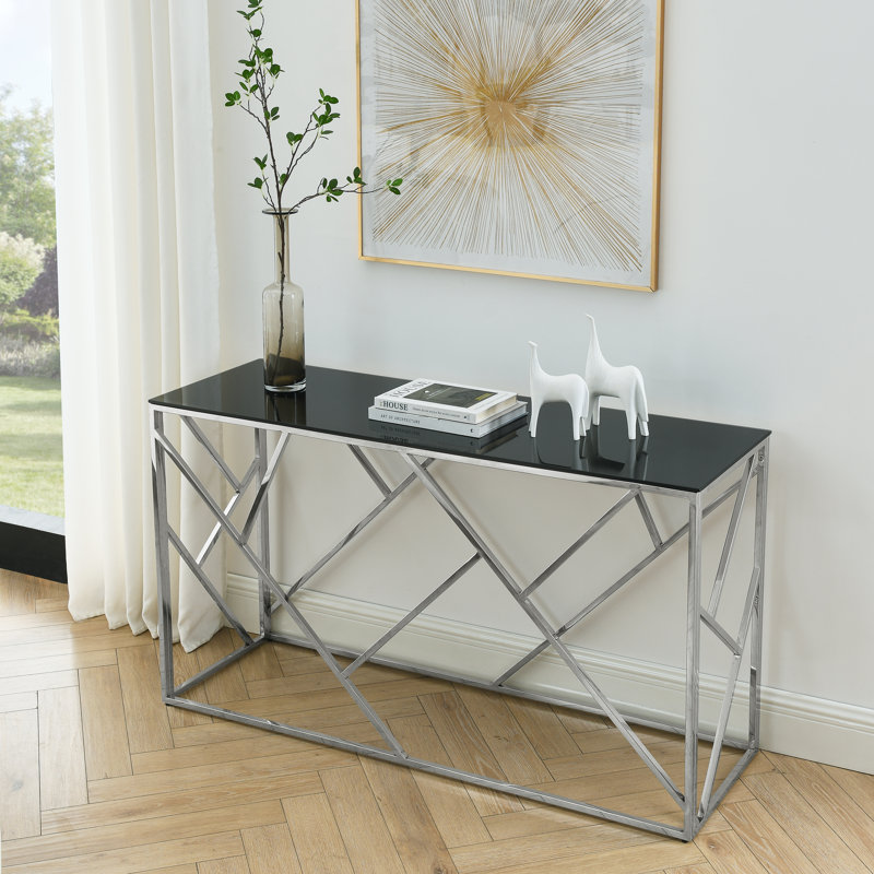 Console moderne en verre avec structure en métal robuste et plateau en verre trempé noir