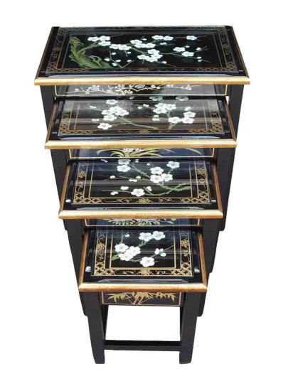 Hand Painted Cherry Blossom 4 Piece Nest of Tables With Glass