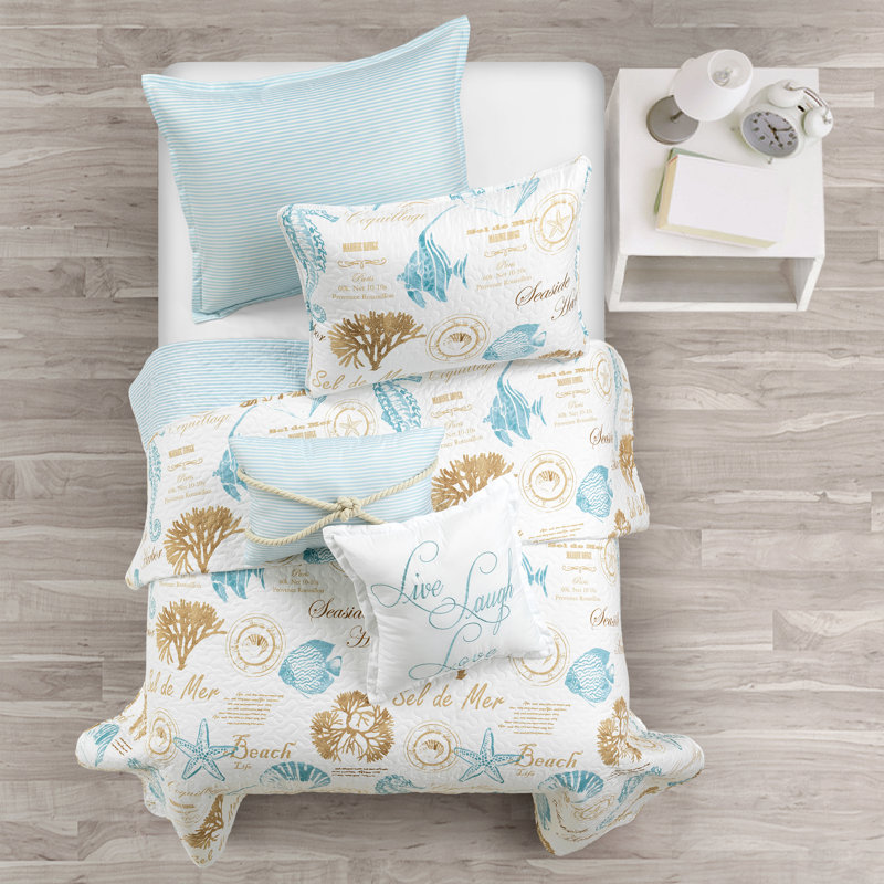 Harbor Life Blue/Taupe Microfiber Reversible Coastal 7 Piece Quilt Set, Twin Extra Long + 6 Additional Pieces
