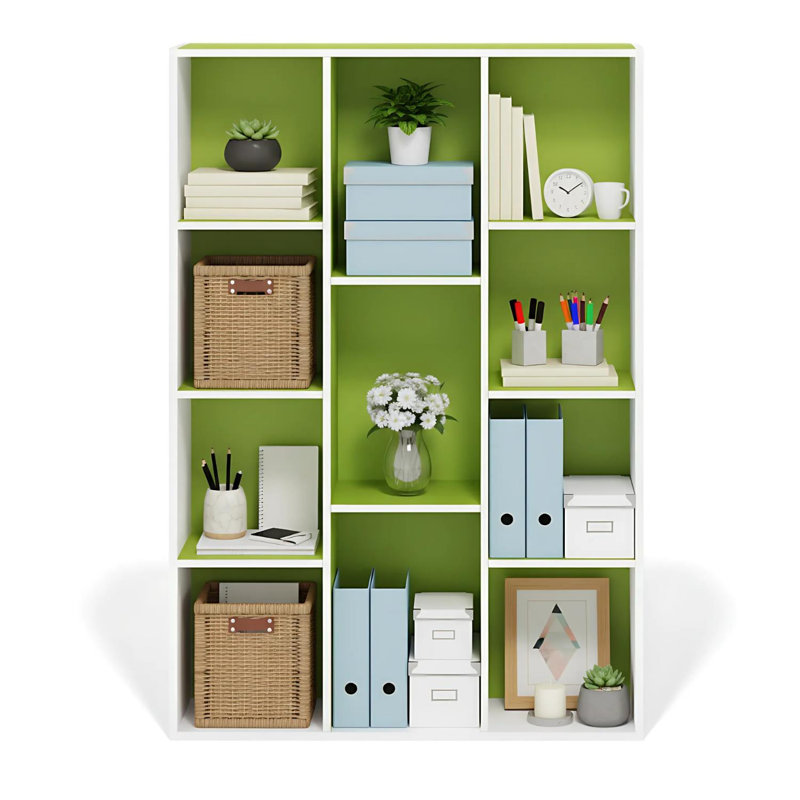 Luder 11-Cube Reversible Bookcase White and Green Cube Storage Kids Room Organizer Decor, White/Green