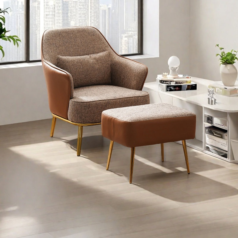 Fauteuil inclinable en métal éponge de style minimaliste, Orange / mélange de lin kaki / similicuir