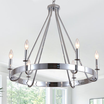 28" Chrome 6-Light Candle-Style Wagon Wheel Chandelier, Adjustable Rustic Pendant Light
