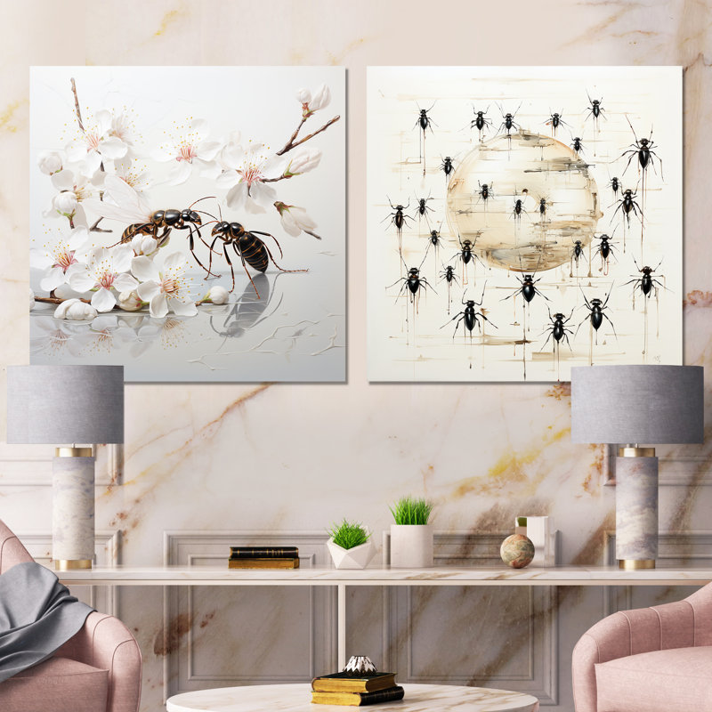 Ensemble de 2 reproductions d'art sur toile, "Floral insectes et insectes", Toile tendue, H 16 po x l 33 po x P 1 po