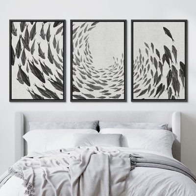 Nautical Animals Gray Swirling Fishes Marine Nautical Animal Neutral Pictures Framed Canvas 3 Piece Print Wall Art