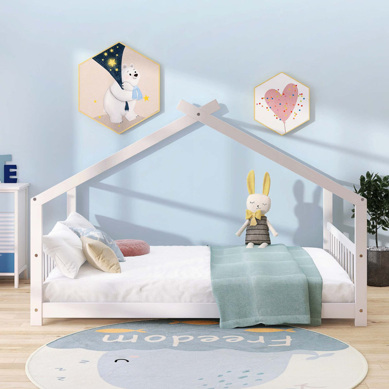 House Bed Wood Bed, Full , White