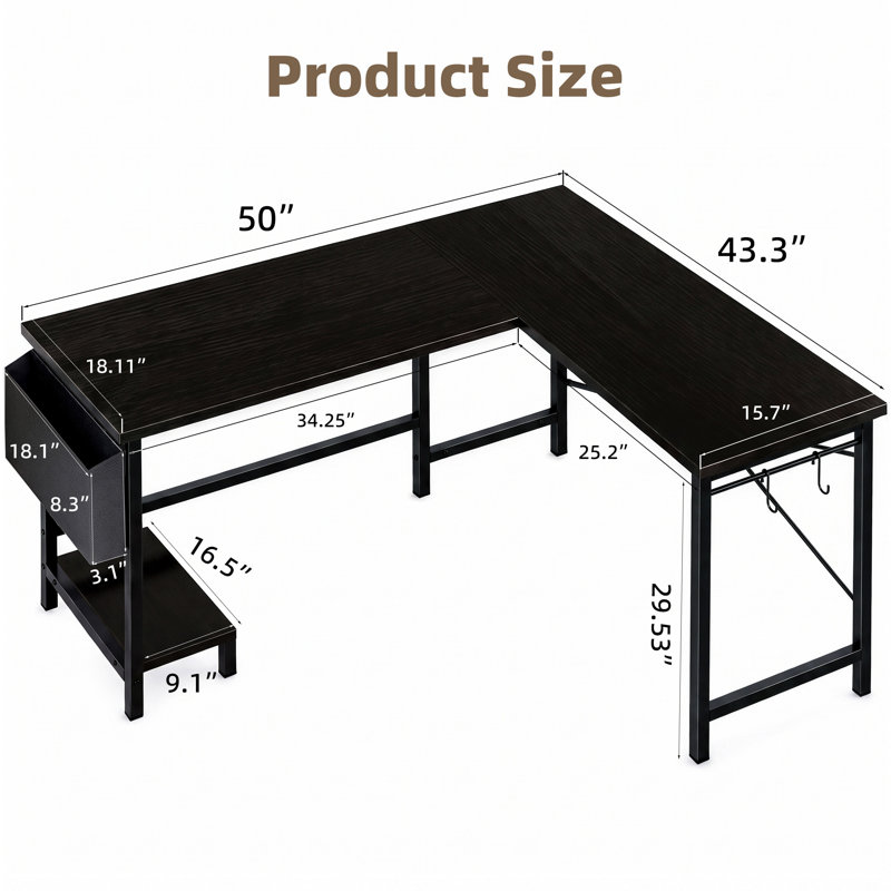 Bureau en L réversible de 50 po de large avec sac de rangement Hussan, Bois aggloméré, Noir
