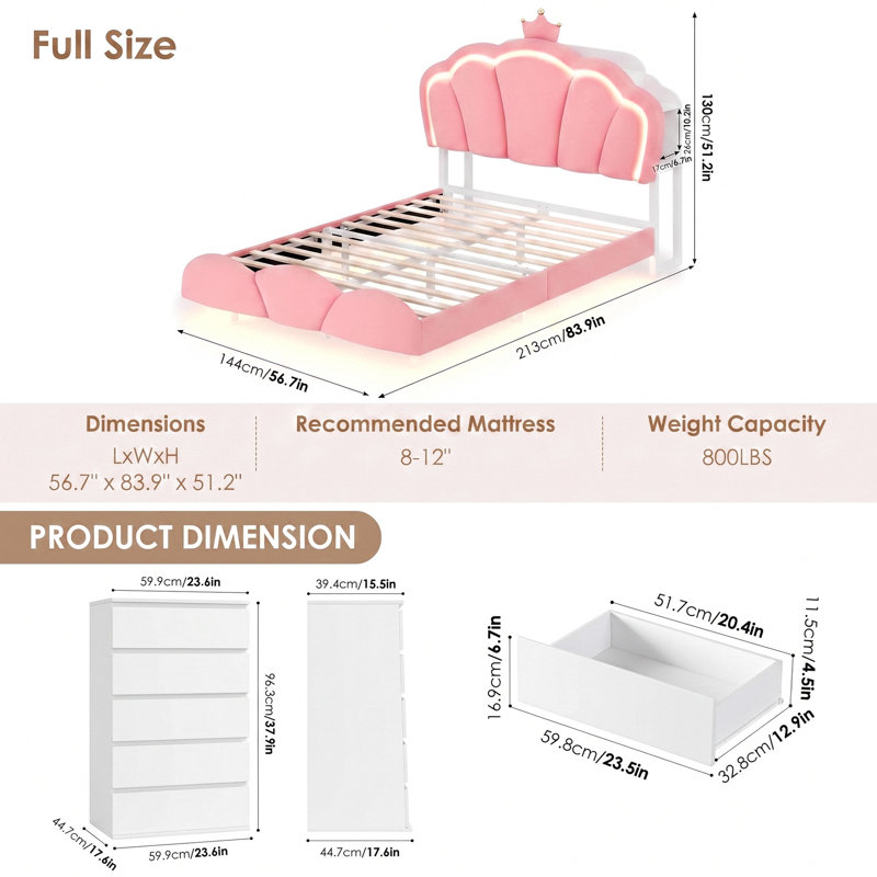 Ensemble de chambre à coucher 3 pièces avec lit de rangement flottant et 2 commodes à 5 tiroirs, Rose, Lit double