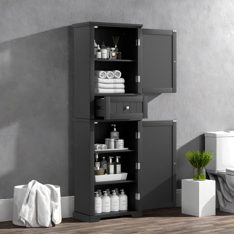 Tall Bathroom Storage Cabinet With A Drawer, Storage Cabinets And Adjustable Shelf, Vertical Striped Design, Black