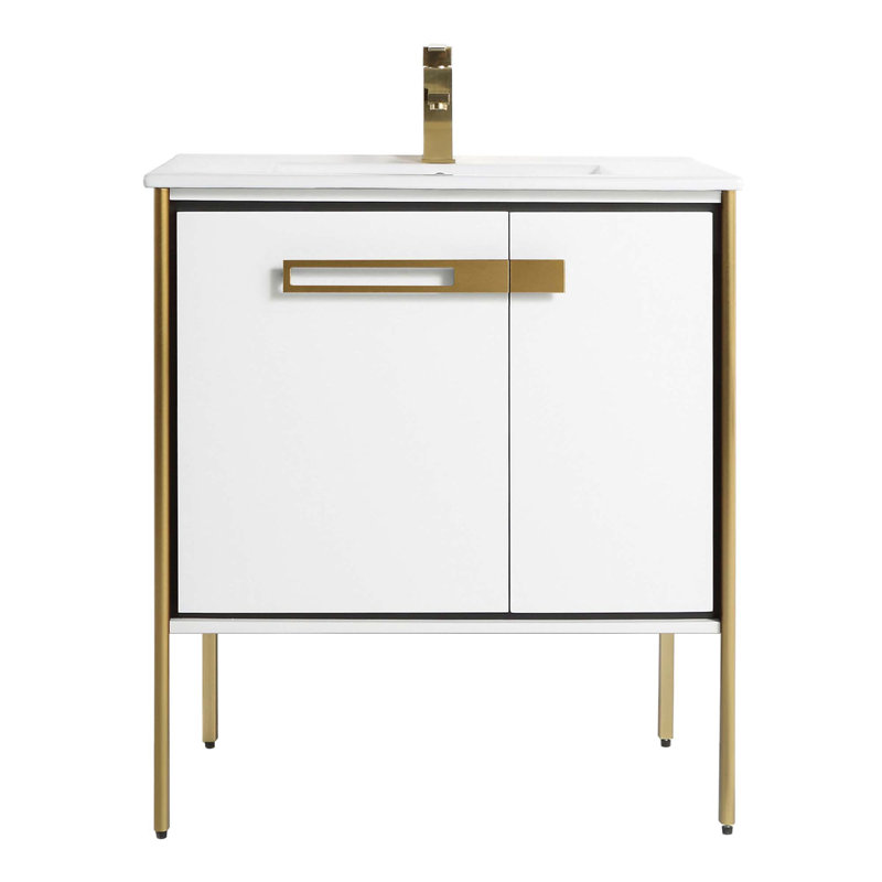 30" Single Bathroom Vanity, Satin Brass, White Matte