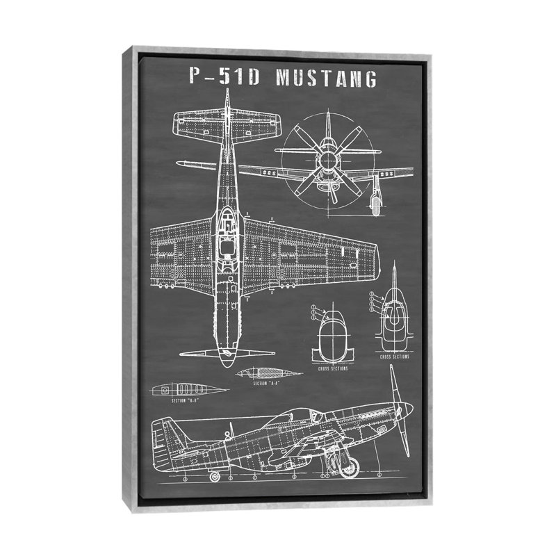 P-51 Mustang avion rétro | Noir - reproduction de dessin, Pas de tapis, Toile avec cadre argent, H 26 po x l 18 po x 1,5 po