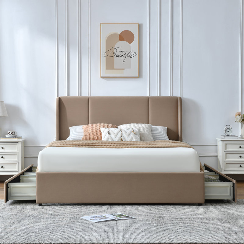Lit plateforme tapissier avec 4 tiroirs Braya, Double, Brun