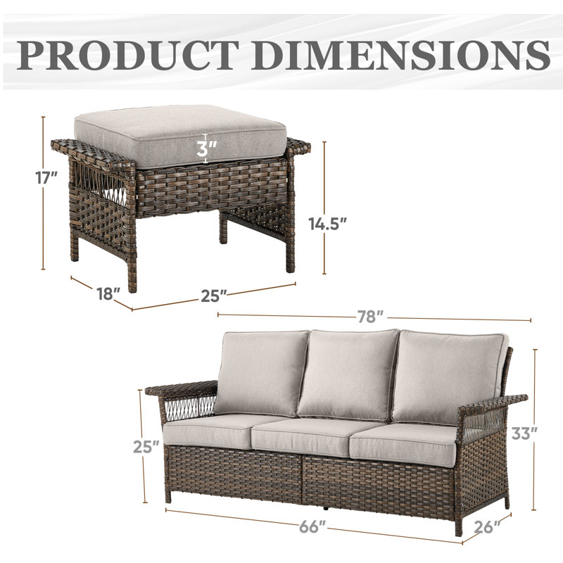 Tapash Premium 3-Seat Rattan Sofa With 2 Outdoor Wicker Ottomans  Comfortable Weatherproof Cushions For Patio, Garden, And Backyard Relaxation