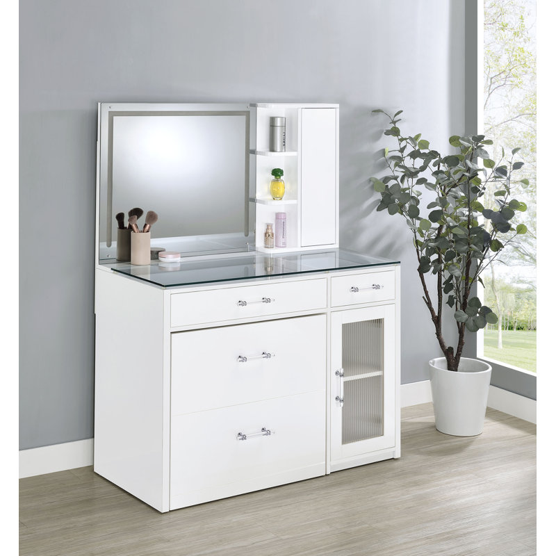 Ensemble de meuble-lavabo 2 tiroirs avec miroir à DEL Jaiyla, Blanc