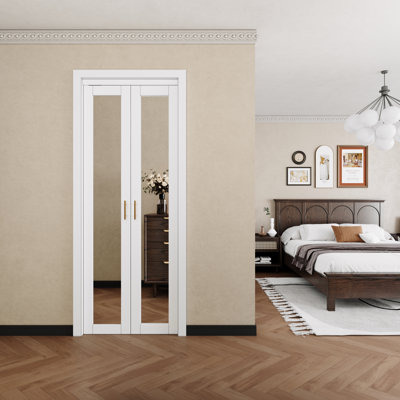 1 Lite Mirrored White French Pantry Closet Door With Hardware & Handles