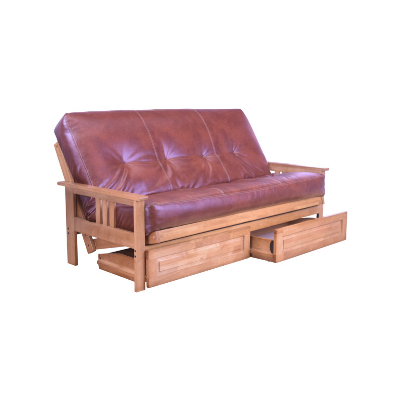 Stratford Full 79" Futon Frame and Mattress with Drawer Set, Premium Pocket Coil, Oregon Trail Saddle, Butternut