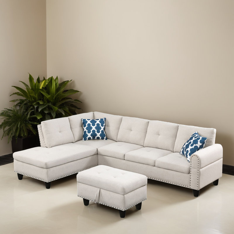 Canapé modulaire 3 pièces faisant face à la gauche avec repose-pieds, Lin beige