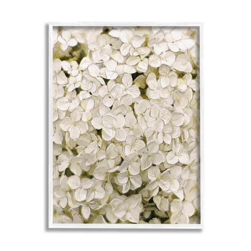 " White Delicate Hydrangea Petals " Watercolor Painting, 14" H x 11" W x 1.5" D, Coastal White Framed Giclee