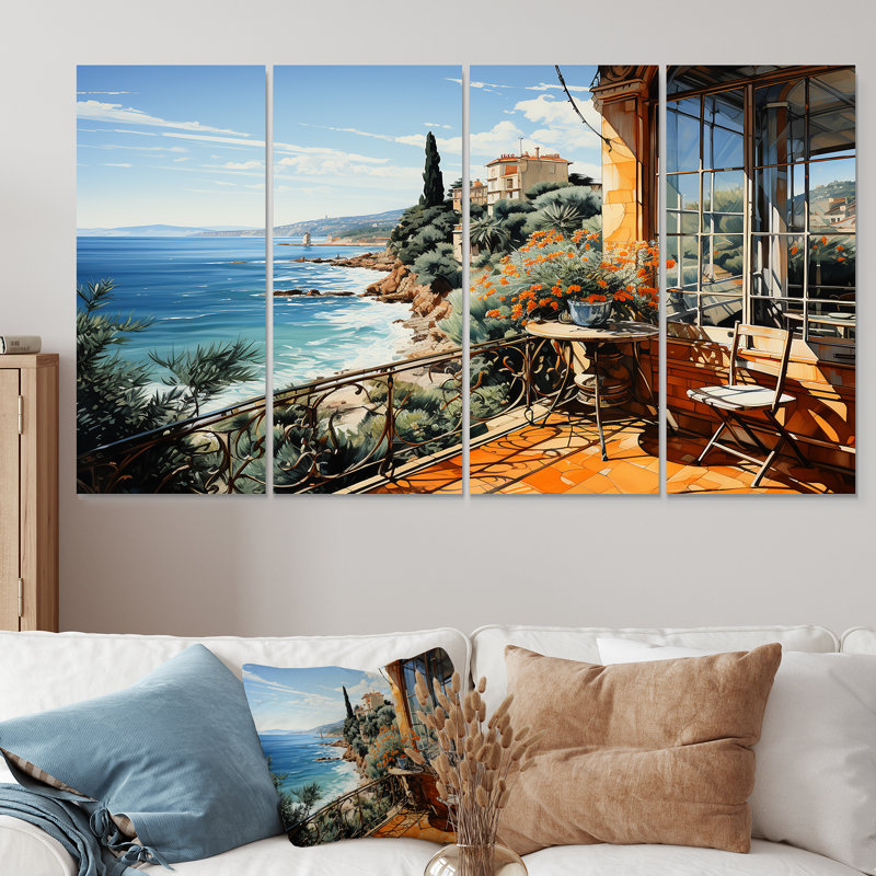 French Riviera Beach Reflections - Coastal Windows, art mural 4 pièces, H 32 po x l 64 po