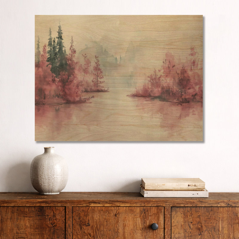 Forêt rose au bord du lac - décoration murale en bois Nature, Rond 23 po, Rond