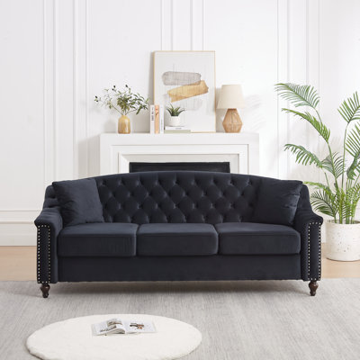Canapé Chesterfield de 82 po en velours pour salon et appartement, capitonnage à boutons sur le dossier et les accoudoirs, garniture cloutée, canapé rembourré moderne avec pieds en bois massif de qualité supérieure, canapé pour la chambre à coucher