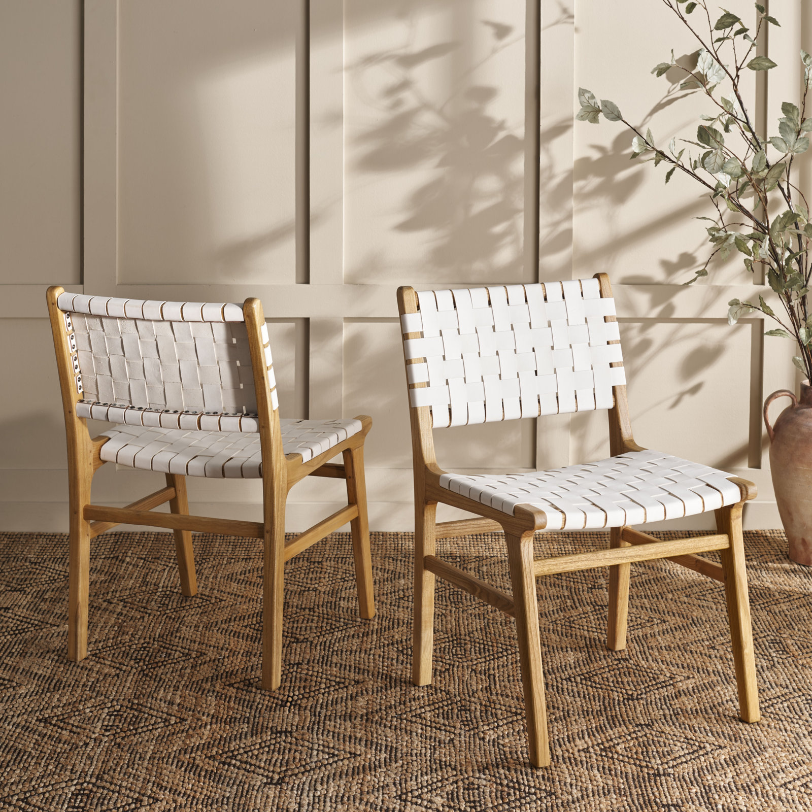 Alston Genuine Leather Side Chair, White/Natural
