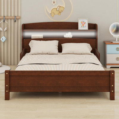 Wood Platform Bed With Bookcase Headboard, LED Motion Sensor Lighting, And Safety Guardrails