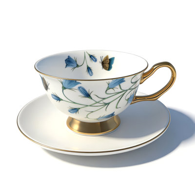 Tasse et soucoupes en porcelaine vintage, motif floral et papillon
