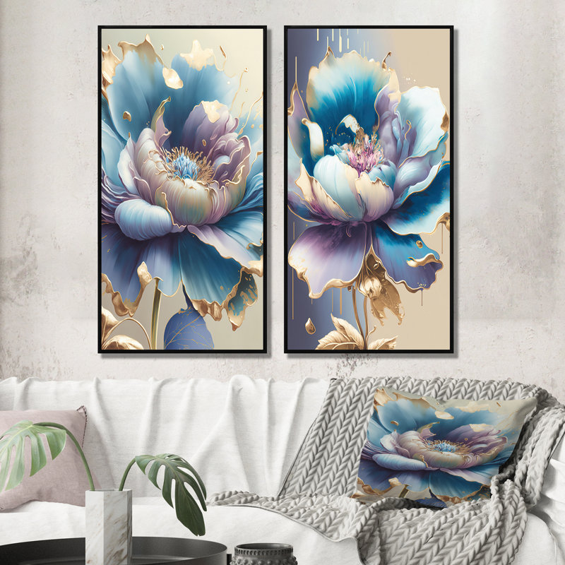«Ice Blue and Purple Watercolor Flower», 2 pièces sur toile, Cadre noir, H 20 po x l 24 po