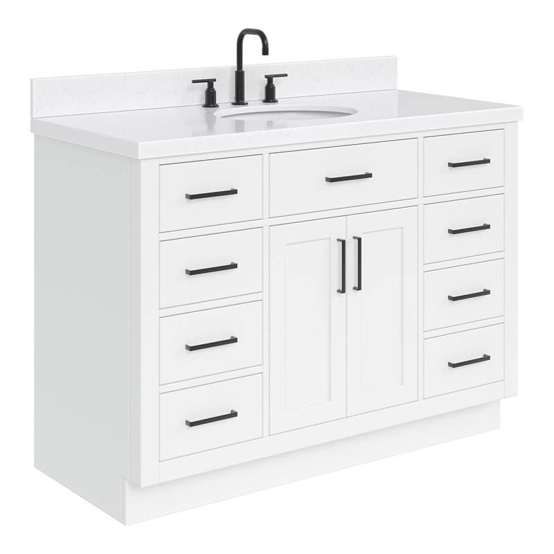 Ensemble de meuble-lavabo simple en bois massif 48 po avec lavabo en quartz Carrara de 1,5 po Tidworth, Blanc, Ovale