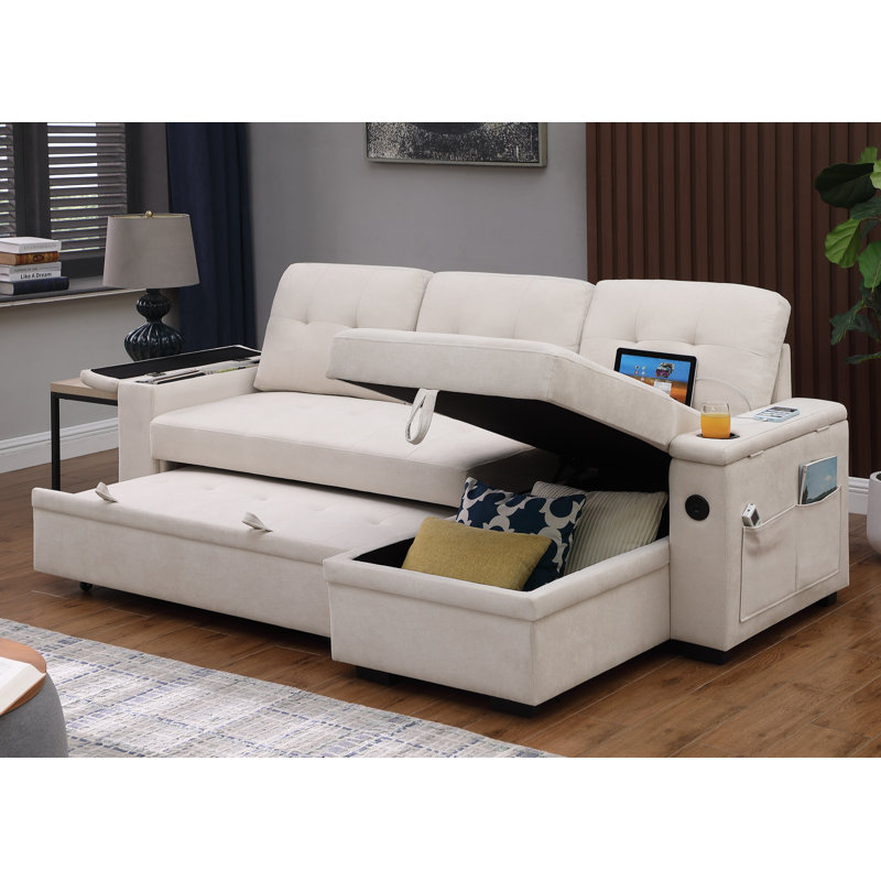 Mavino Reversible Sleeper Sectional with Storage , Beige Fabric
