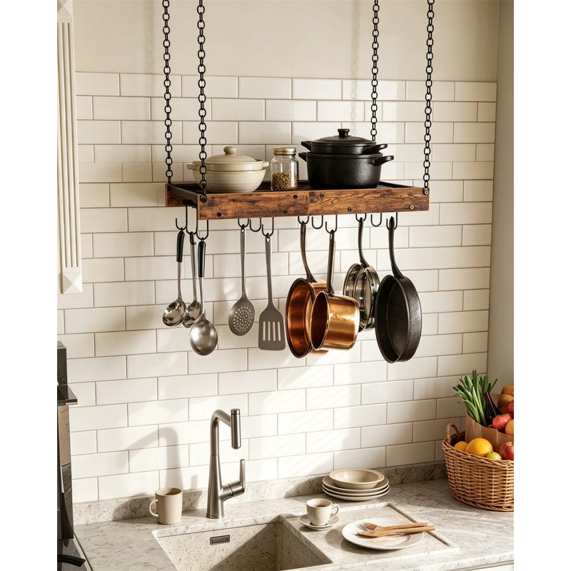 Vintage Ceiling Mounted Pot Rack with 12 Hooks, Rustic Brown Pot Hanger for Kitchen Cookware